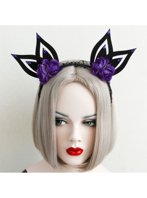Black Lace Gothic Purple Flowers Rabbit Ears Halloween Funny Party Headband