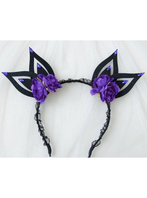 Black Lace Gothic Purple Flowers Rabbit Ears Halloween Funny Party Headband
