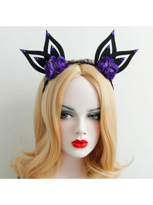 Black Lace Gothic Purple Flowers Rabbit Ears Halloween Funny Party Headband