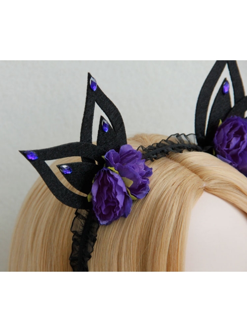 Black Lace Gothic Purple Flowers Rabbit Ears Halloween Funny Party Headband