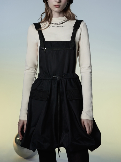 D-Buckle Shoulder Strap Waist Drawstring Loose Bud Swing Hem Black Punk Workwear Dress