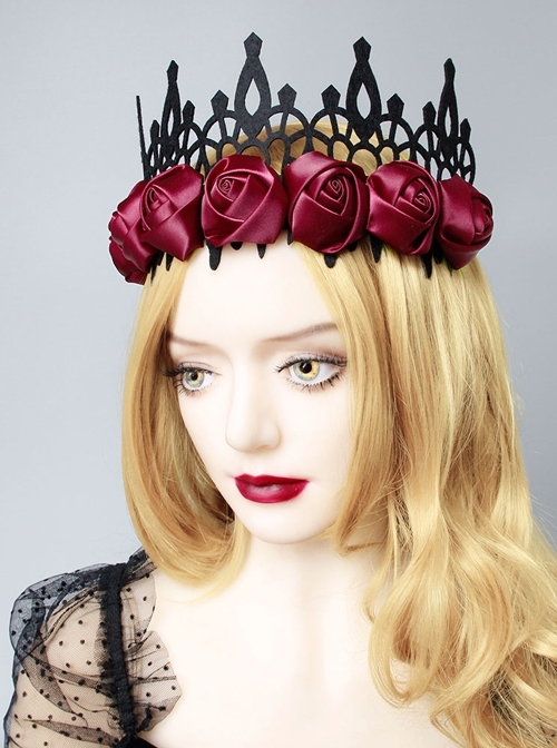 Black Gothic Retro Red Rose Female Wizard Halloween Baroque King Crown Bride Hairband