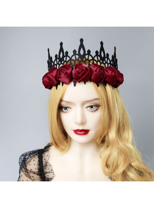 Black Gothic Retro Red Rose Female Wizard Halloween Baroque King Crown Bride Hairband