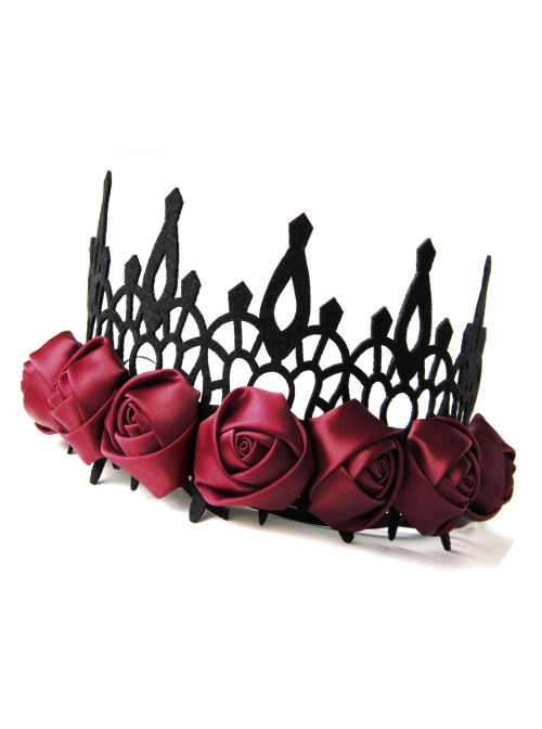 Black Gothic Retro Red Rose Female Wizard Halloween Baroque King Crown Bride Hairband