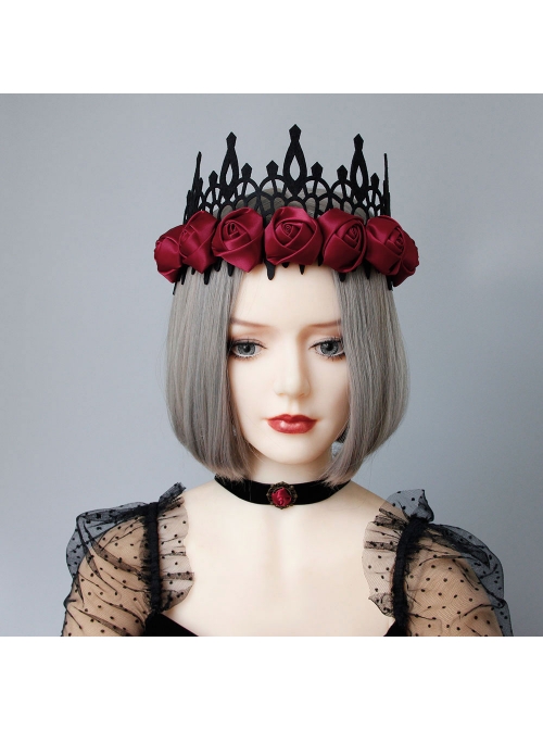 Black Gothic Retro Red Rose Female Wizard Halloween Baroque King Crown Bride Hairband