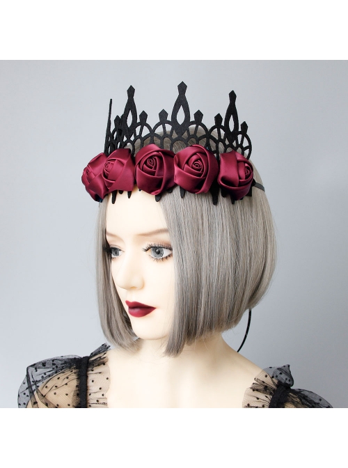 Black Gothic Retro Red Rose Female Wizard Halloween Baroque King Crown Bride Hairband
