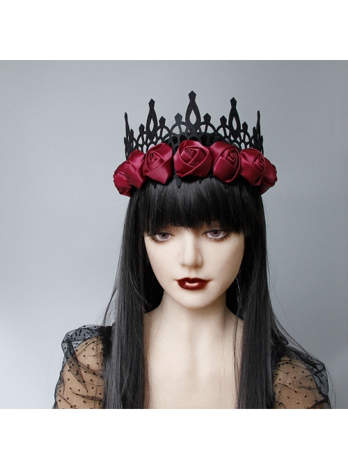 Black Gothic Retro Red Rose Female Wizard Halloween Baroque King Crown Bride Hairband