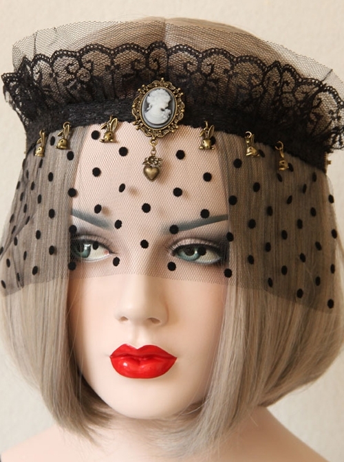 Baroque Retro Gothic Halloween Bunny Love Crown Black Lace Veil Headband