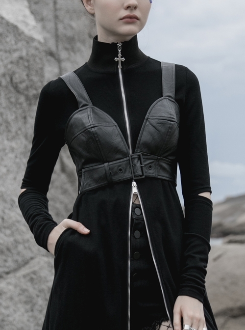 Front Adjustment Button Black Punk PU Leather Corset