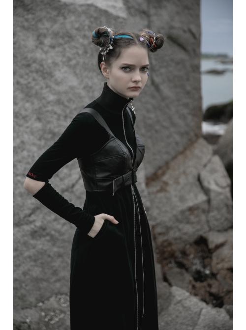 Front Adjustment Button Black Punk PU Leather Corset