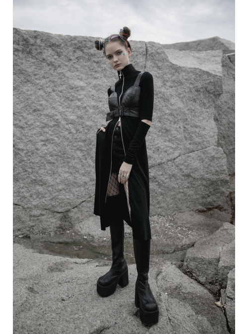 Front Adjustment Button Black Punk PU Leather Corset