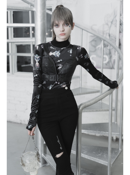 Front Adjustment Button Black Punk PU Leather Corset