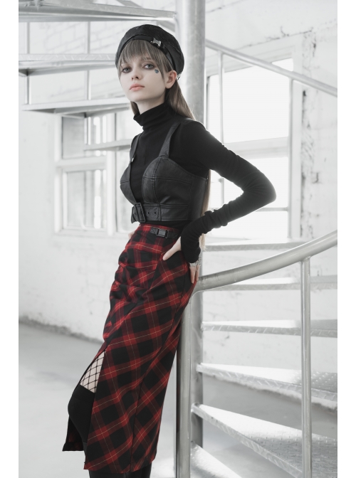 Front Adjustment Button Black Punk PU Leather Corset