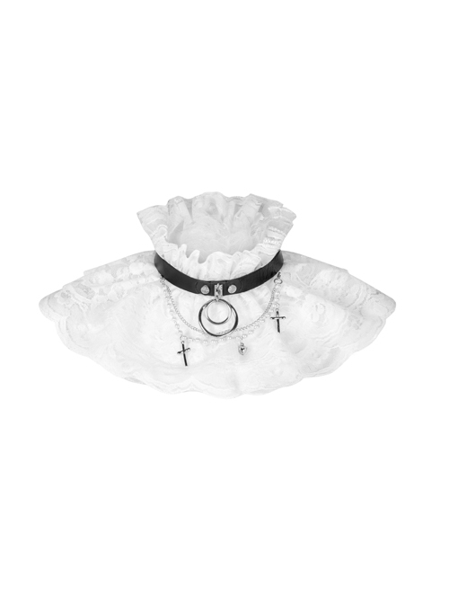 Leather Strap Pearl Chain Decoration White Gothic Lace Collar