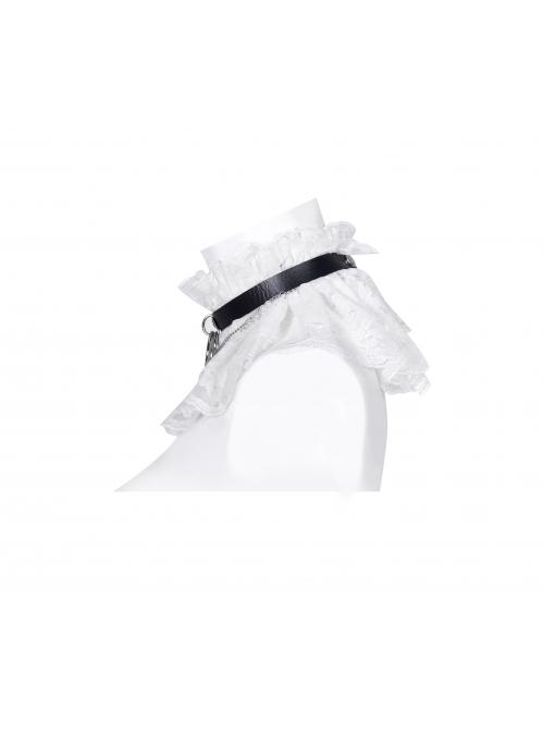 Leather Strap Pearl Chain Decoration White Gothic Lace Collar
