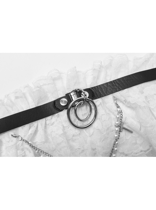Leather Strap Pearl Chain Decoration White Gothic Lace Collar