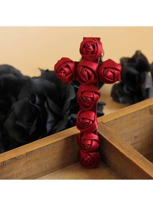 Red Gothic Vampire Retro Bride Rose Flower Cross Ribbon Hairpin