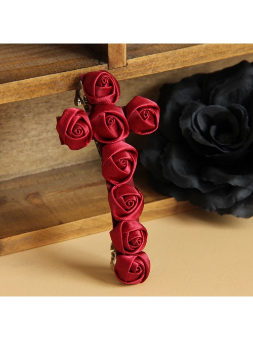 Red Gothic Vampire Retro Bride Rose Flower Cross Ribbon Hairpin