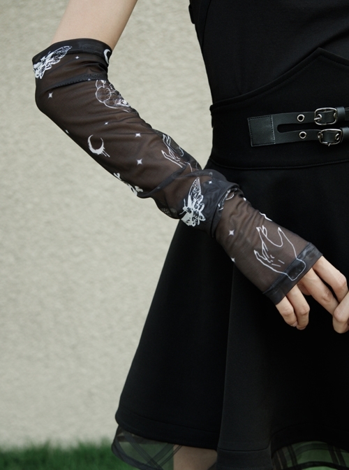 Black Gothic Half-Finger Skull Print Mesh Arm Sleeve