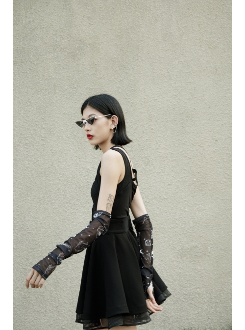 Black Gothic Half-Finger Skull Print Mesh Arm Sleeve
