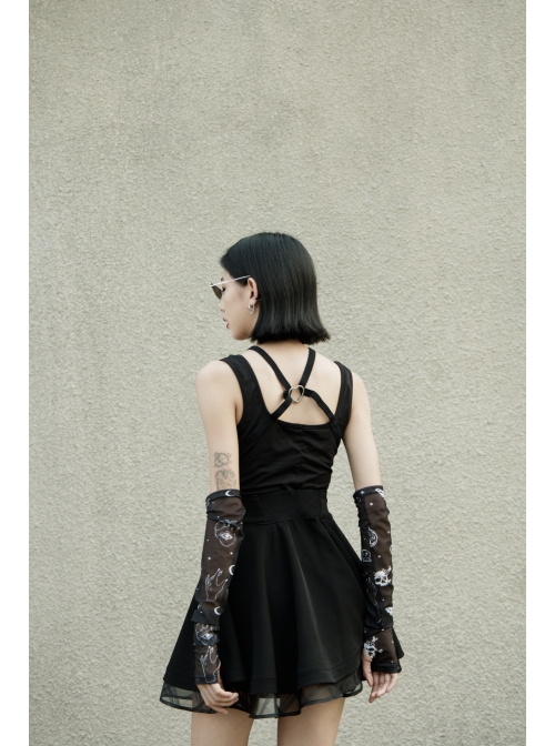 Black Gothic Half-Finger Skull Print Mesh Arm Sleeve