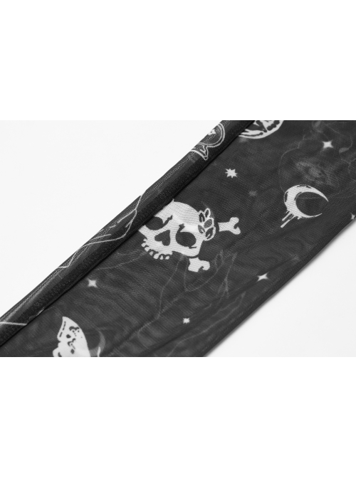 Black Gothic Half-Finger Skull Print Mesh Arm Sleeve