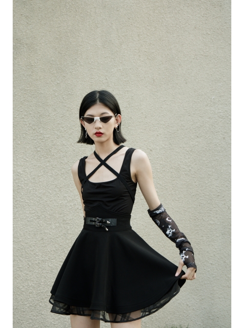 Black Gothic Half-Finger Skull Print Mesh Arm Sleeve