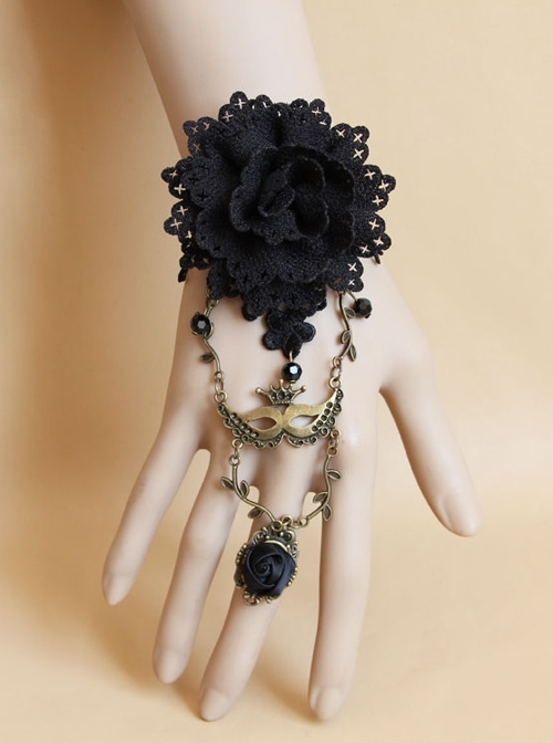 Black Gothic Retro Christmas Holiday Flower Crystal Lace Bracelet With Ring One Chain