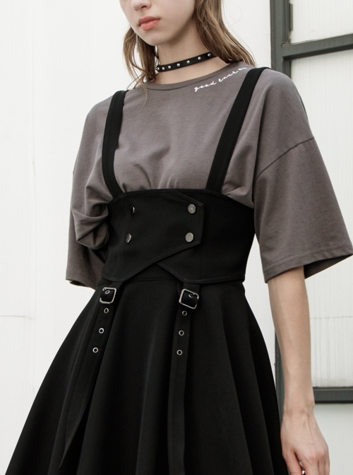 Metal Eyelets Shoulder Strap Front Button Black Punk Suspenders Corset