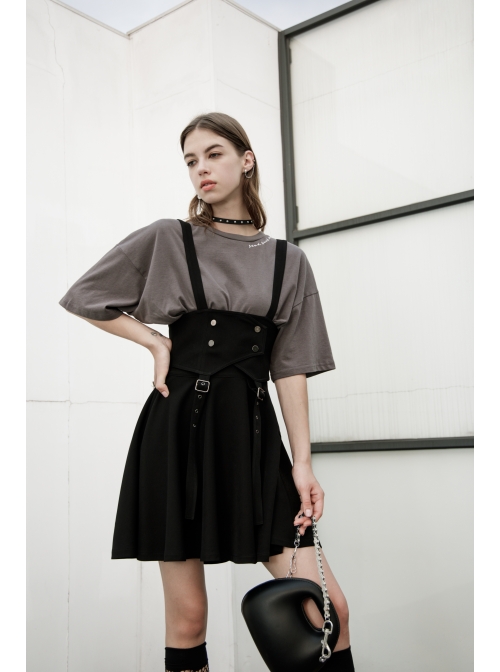 Metal Eyelets Shoulder Strap Front Button Black Punk Suspenders Corset
