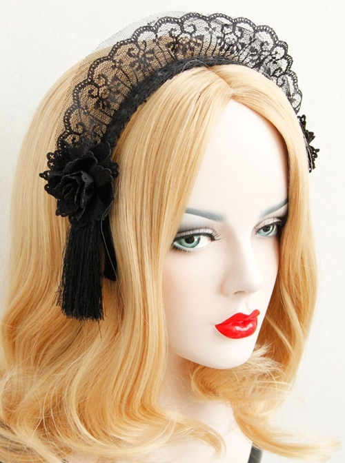 Retro Fashion Halloween Christmas Gothic Black Maid Lace Flowers Tassel Headband