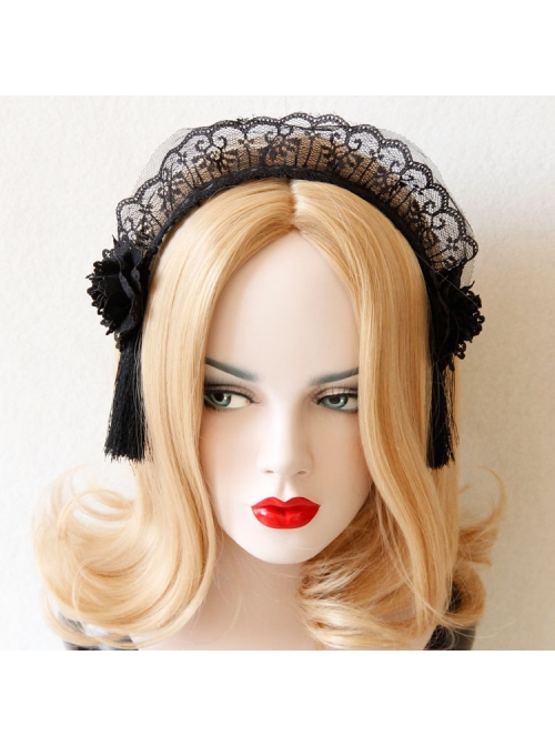 Retro Fashion Halloween Christmas Gothic Black Maid Lace Flowers Tassel Headband