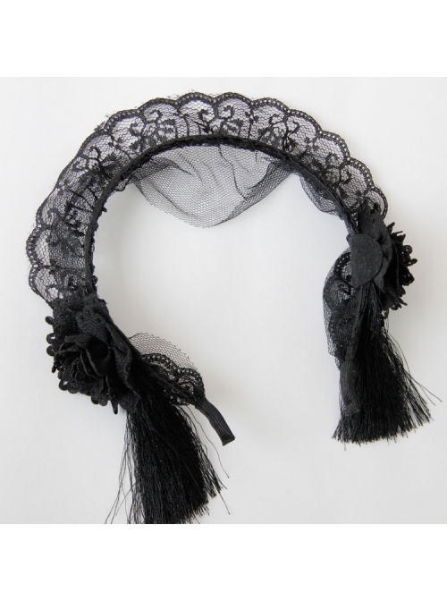 Retro Fashion Halloween Christmas Gothic Black Maid Lace Flowers Tassel Headband