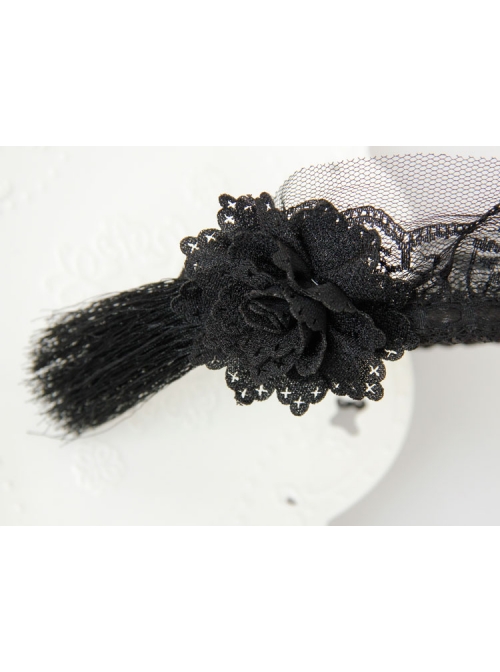 Retro Fashion Halloween Christmas Gothic Black Maid Lace Flowers Tassel Headband