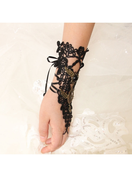 Black Lace Gems Gothic Punk Retro Personality Bracelet Long Gloves