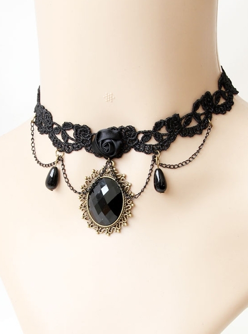 Black Lace Gems Pearls Creativity Personality Gothic Retro Short Necklace