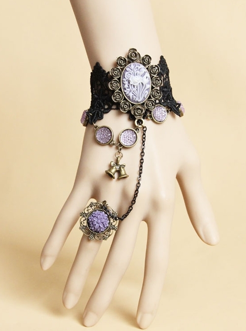 Halloween Christmas Gothic Black Rose Amethyst Bell Ball Lace Female Bracelet With Ring One Chain