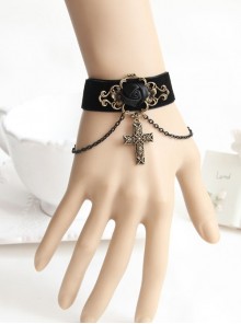 Black Gothic Rose Velvet Handmade Bracelet Velvet Belt Cross Pendant Wristband