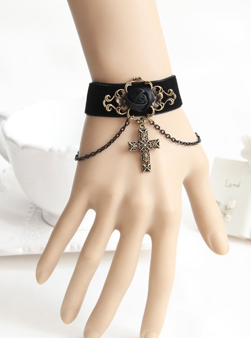 Black Gothic Rose Velvet Handmade Bracelet Velvet Belt Cross Pendant Wristband