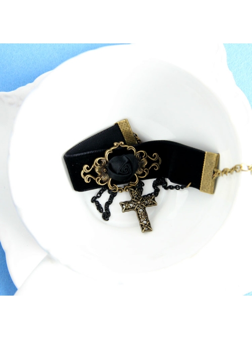 Black Gothic Rose Velvet Handmade Bracelet Velvet Belt Cross Pendant Wristband