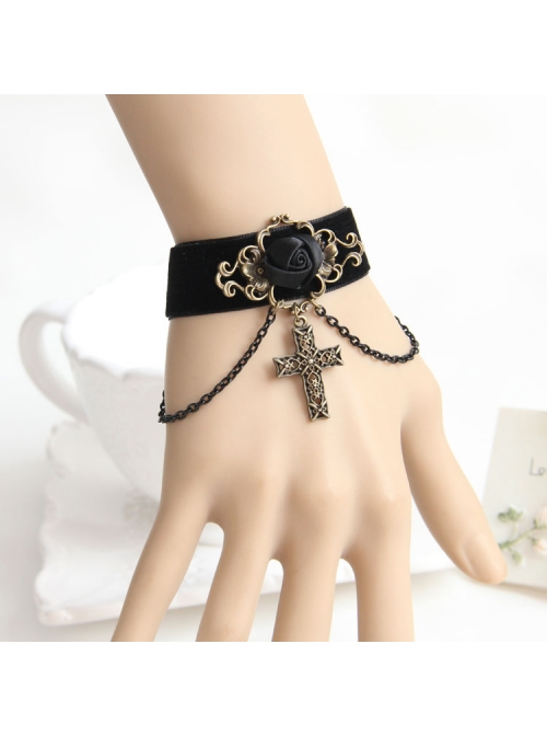 Black Gothic Rose Velvet Handmade Bracelet Velvet Belt Cross Pendant Wristband
