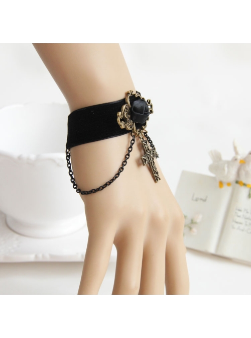 Black Gothic Rose Velvet Handmade Bracelet Velvet Belt Cross Pendant Wristband