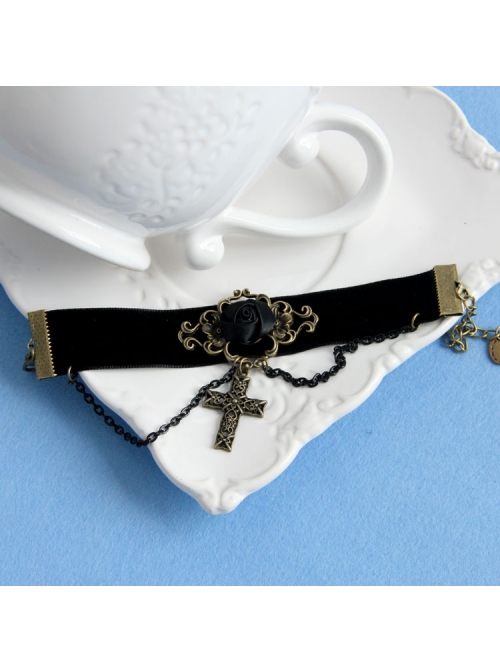 Black Gothic Rose Velvet Handmade Bracelet Velvet Belt Cross Pendant Wristband