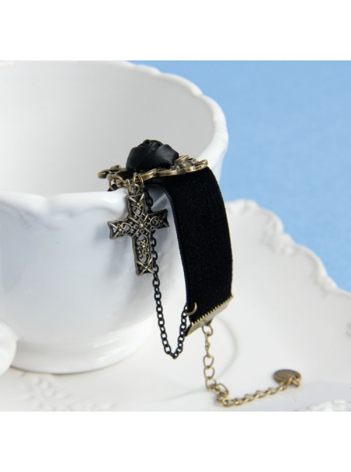 Black Gothic Rose Velvet Handmade Bracelet Velvet Belt Cross Pendant Wristband