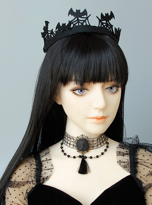 Gothic Style Black Retro Witch Weird Head Halloween Faux Pearl Tassel Hollow Choker