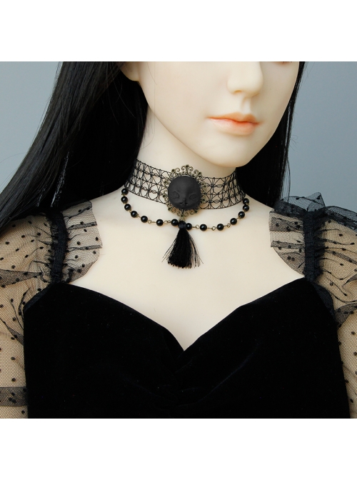 Gothic Style Black Retro Witch Weird Head Halloween Faux Pearl Tassel Hollow Choker