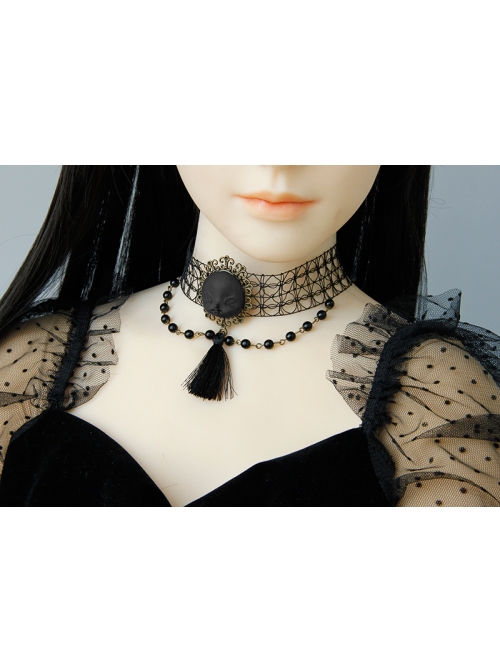 Gothic Style Black Retro Witch Weird Head Halloween Faux Pearl Tassel Hollow Choker