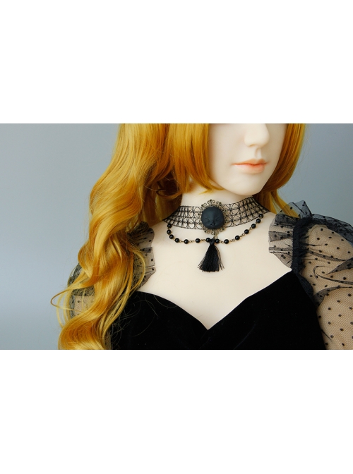 Gothic Style Black Retro Witch Weird Head Halloween Faux Pearl Tassel Hollow Choker