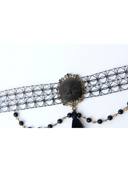 Gothic Style Black Retro Witch Weird Head Halloween Faux Pearl Tassel Hollow Choker