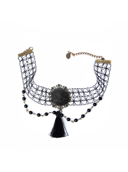 Gothic Style Black Retro Witch Weird Head Halloween Faux Pearl Tassel Hollow Choker